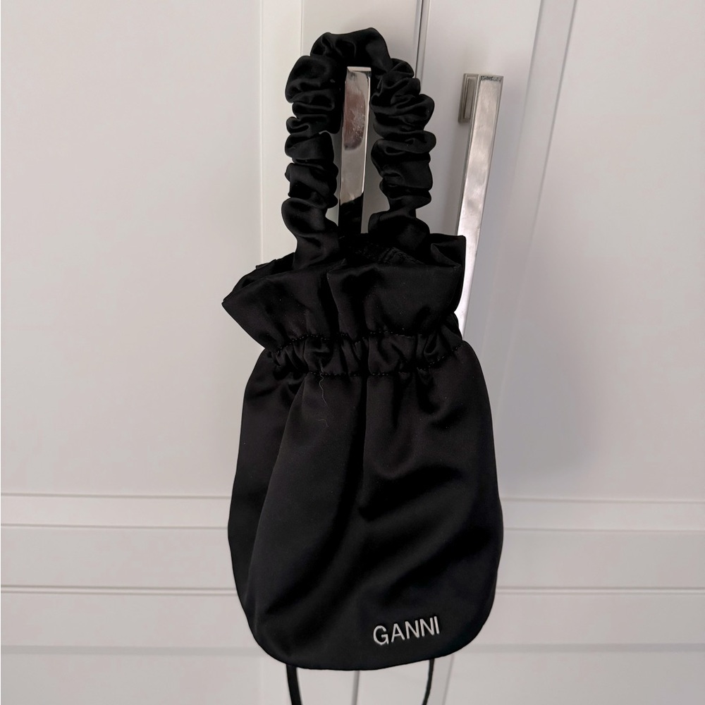 GANNI black satin occasion top handle bag.
